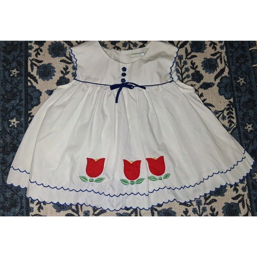 Vintage Toddler Dress 12 Months Red Tulip Applique White Blue